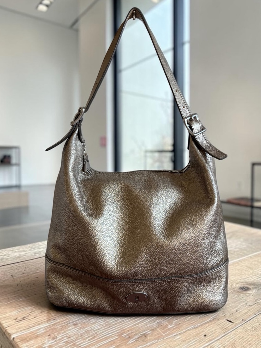 Fossil Metallic Bronze Gold Pebbled Leather Shoulder Hobo - Picture 2 of 15